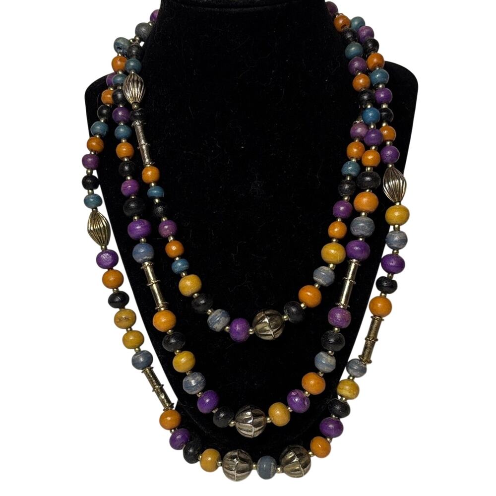 Multistrand Stone Bead Necklace 19” Mixed Gem Metal Accents Statement